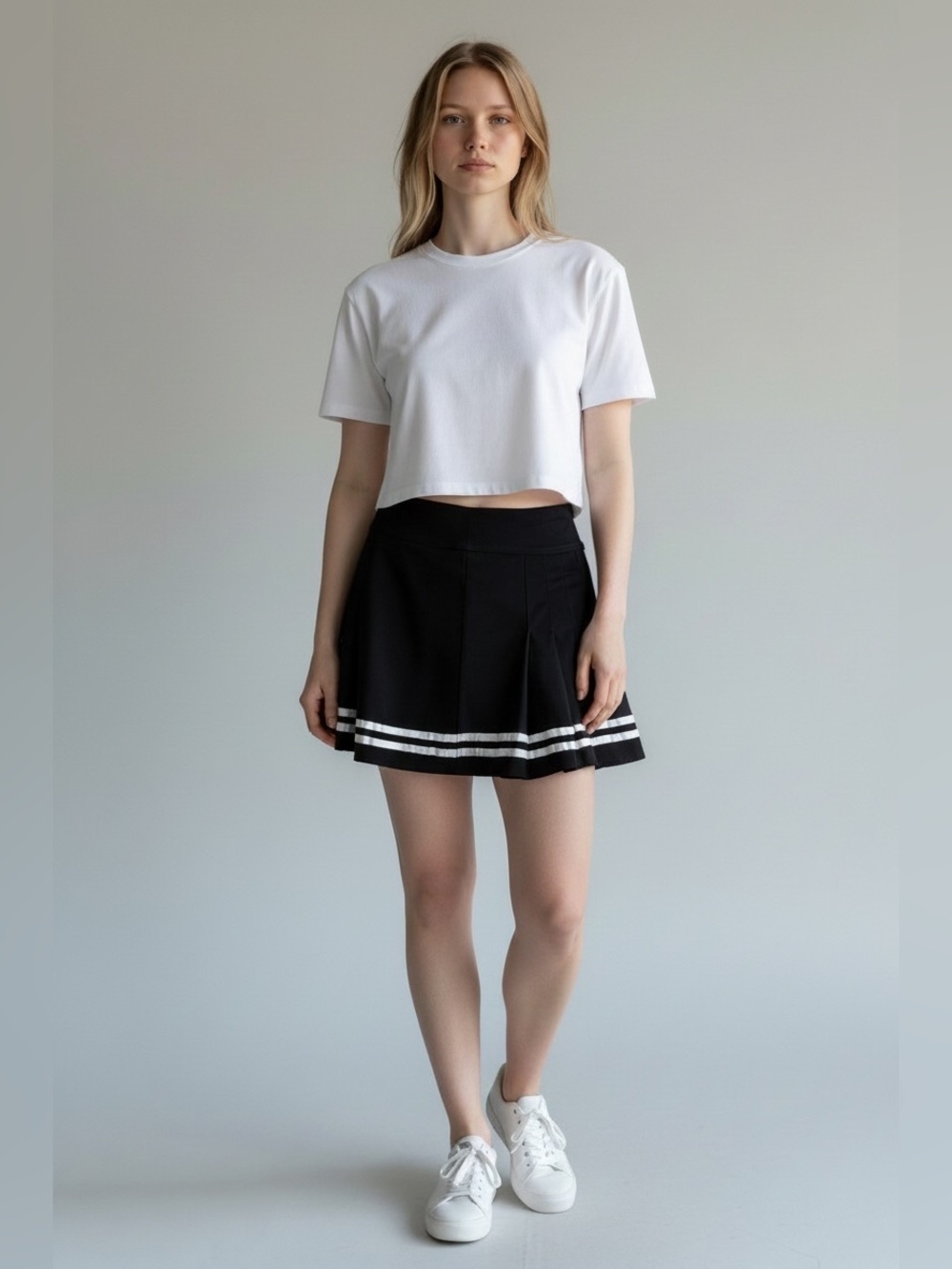H&M Divided, Black Pleated Tennis Skirt White Stripes, Size 0, Preppy
